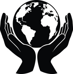 Black Silhouette of Earth Held Gently in Two Hands Vector