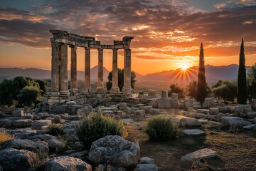 Fototapeta premium Ancient ruins of column architecture with sunset landscape. Concept for historical travel, archaeological tourism and cultural heritage