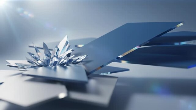 Abstract composition of floating glass or acrylic panels with lens flare effect in cool blue tone vector illustration