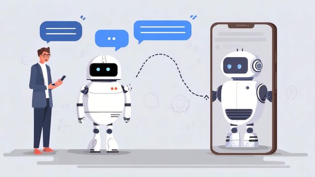 A man interacts with a physical robot while another robot is displayed on a smartphone, illustrating AI communication and technology.