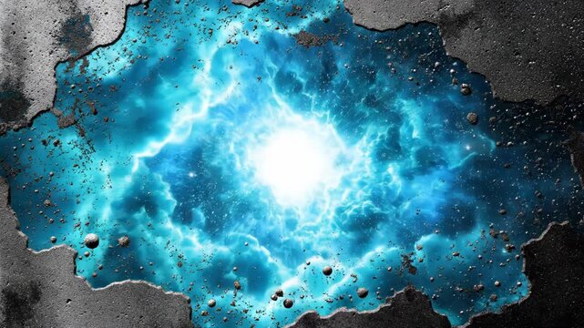 Abstract blue energy vortex seen through a hole in dark cracked asphalt or concrete surface vector illustration