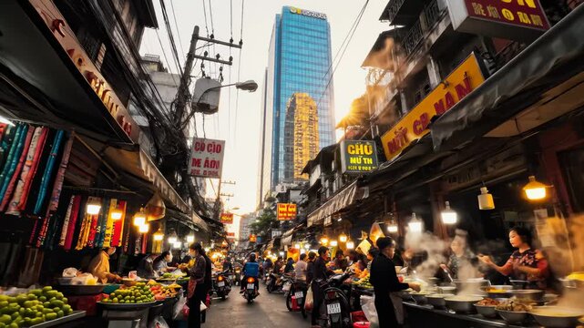Person Walking Through Busy Street Food Market in Southeast Asia