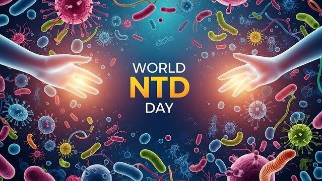 World ntd day graphic with hands and various microorganisms in a vibrant and colorful design theme