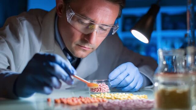 Focused Scientist in Laboratory: An intent scientist, adorned in protective gear, meticulously examines a collection of colorful pills within a modern laboratory setting.