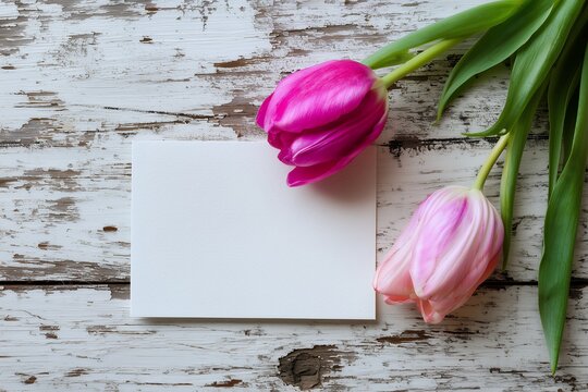 Two beautiful tulips and a white blank card are on the rustic wooden background. Concept for mother's day card, spring invitation and wedding greeting