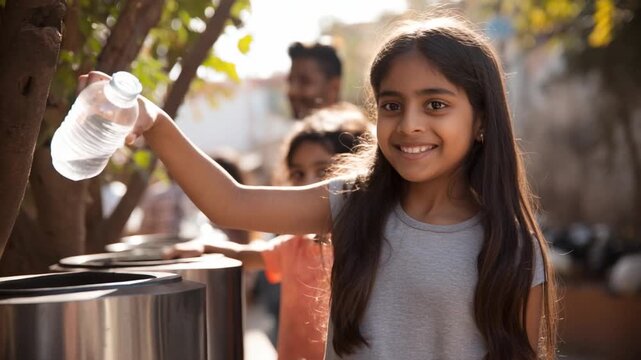 Young Girl Recycling: A bright-eyed girl takes responsibility, dropping a plastic water bottle into a recycling bin, championing sustainability and a greener future.