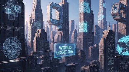 Futuristic cityscape celebrating world logic day with digital designs and advanced architecture