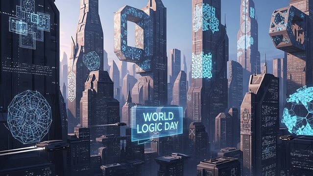 Futuristic cityscape celebrating world logic day with digital designs and advanced architecture
