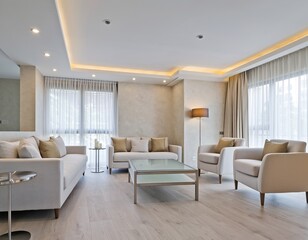 Fototapeta premium Bright living room with seating, lighting and large window