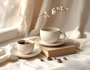 Fototapeta premium Two coffees by window, book, light. Serene, warm, subtle