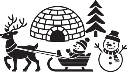 Joyful winter holiday scene silhouette with reindeer, sleigh, igloo, snowman and pine tree