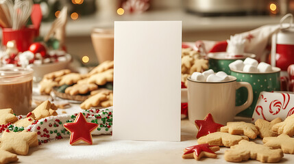 Holiday baking scene featuring gingerbread cookies, hot chocolate, and a blank card, perfect for festive greetings or recipes. Warm tones create a cozy, inviting atmosphere.