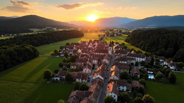 Aerial view of a quaint european village nestled in a valley during a vibrant sunset with rolling hills in background vector illustration