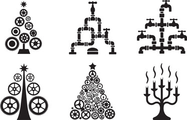 Mechanical Christmas tree silhouettes, industrial holiday design, gear and pipe decorations, festive engineering art, creative steampunk style seasonal illustration vector