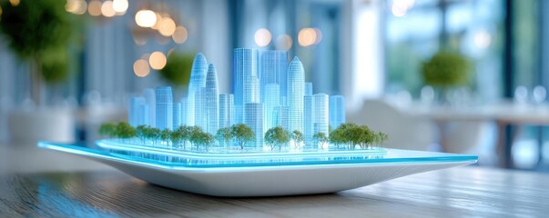Urban architecture model on display concept. 3D city model showcasing modern architecture and urban design.