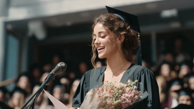 Commencement Address: A graduate delivers a heartfelt speech, embodying the culmination of academic dreams with a bouquet in hand. A celebration of a new chapter of life 