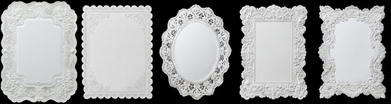 White oval lace doily with delicate elegant floral embroidery on black background - design set