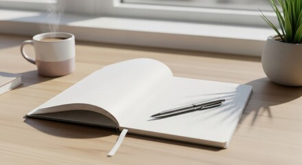 Open blank notebook with a pen rests on a wooden surface near a window with a steaming mug and potted plant