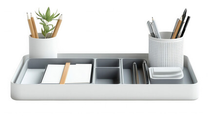 A desk organizer with pencils, pens, a small plant, and paper on  studio shot on transparent background