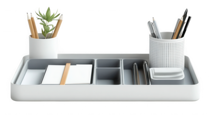 A desk organizer with pencils, pens, a small plant, and paper on  studio shot on transparent background
