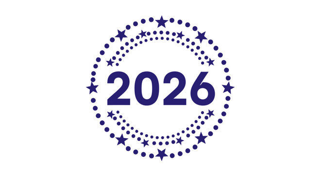 Year 2026 stamp design with stars and dots isolated on