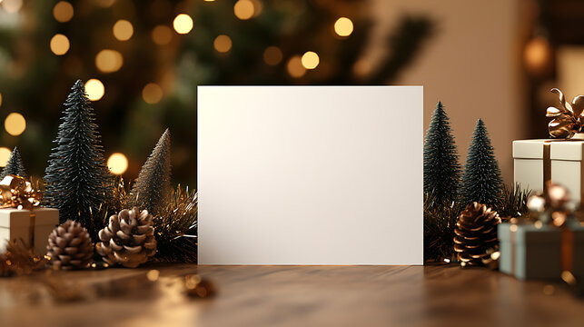 Holiday cheer!  Blank card with festive decorations, mini Christmas trees, and gifts, against a warm, bokeh-lit background, inviting a personalized message.