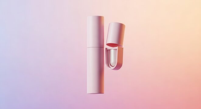 Cylindrical cosmetic container is displayed open against a soft gradient background