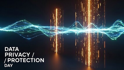 Abstract data streams with glowing lines and vertical light beams on a dark background design concept