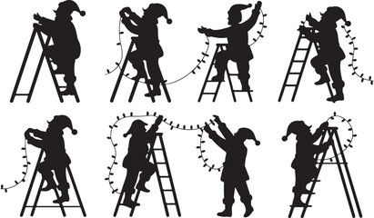 People in silhouette decorating with christmas lights on ladders silhouette