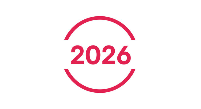 Year 2026 number inside a simple red circle, isolated on
