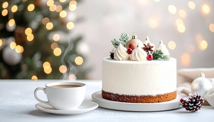 白いクリスマスケーキとコーヒー　クリスマスツリー