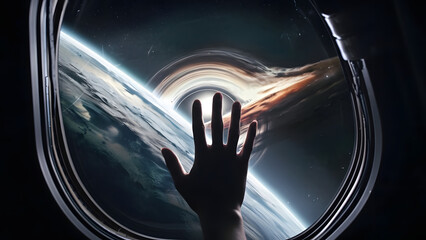 A hand reaching out towards a cosmic spectacle of a planet and a black hole seen through a spaceship window, evoking wonder and mystery.