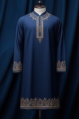Blue tunic with gold embroidery on a mannequin