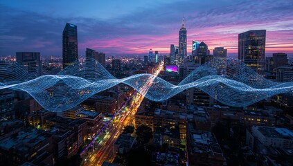 Naklejka premium Cityscape at dusk with digital data overlay concept