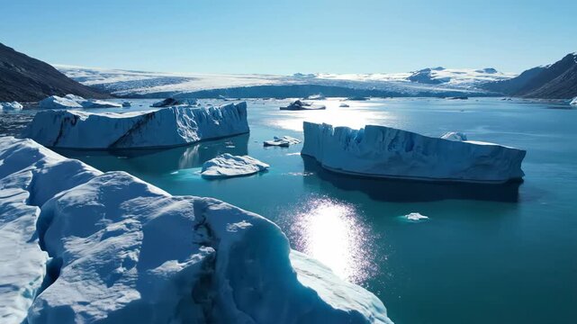 Large blue iceberg floating in bright turquoise water near a glacier and dark mountain under a clear blue sky vector illustration