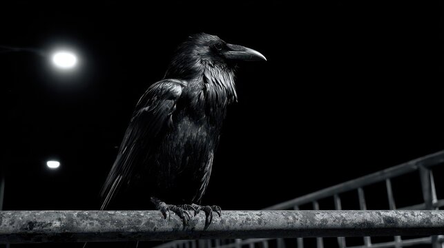 A black crow perched on a railing at night under a streetlight.