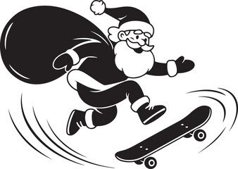Santa Claus in silhouette performing a skateboard trick with a gift bag