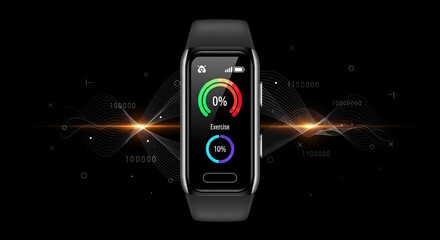 A smart fitness tracker displays exercise progress and health metrics on its screen against a futuristic digital data background