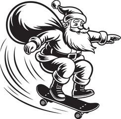 Santa Claus in silhouette performing a skateboard trick with a gift bag