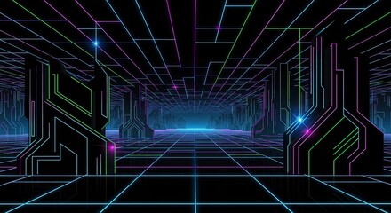 Obraz premium Vibrant neon-lit digital grid tunnel pathway, an abstract futuristic cyberverse design envisioning high-tech virtual experiences and data visualization