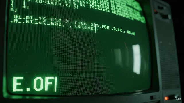 Old Monitor Displaying Green Source Code With Eof Indicator