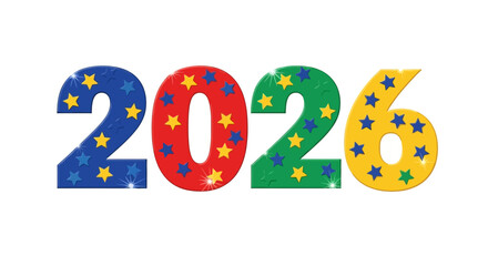 Colorful numbers 2026 decorated with stars isolated on