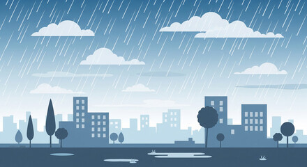 Rainy Cityscape Illustration in Blue Tones, Urban Weather Background for Climate Concepts,