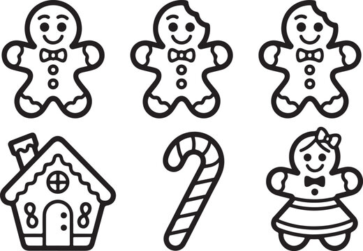 Set of christmas gingerbread man cookie icons, candy cane, and gingerbread house isolated on white background silhouette graphics elements