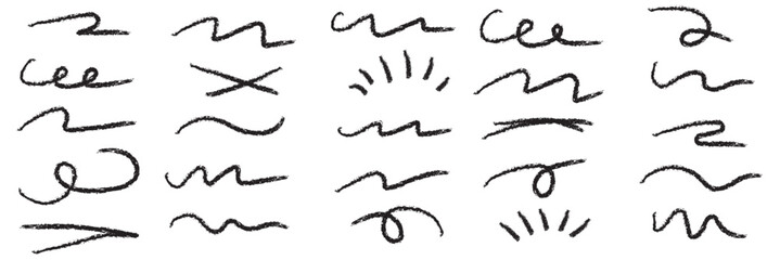 A set of strikethrough underlines. Black brush stroke underline. Marker pen highlight stroke. Vector swoosh brush underline set for accent, marker emphasis element. EPS 10.