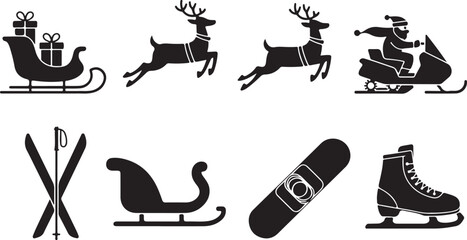 Silhouette icons of a sleigh with gifts, two reindeer, santa on a snowmobile, skis, a sled, a snowboard, and ice skates, representing winter sports and holiday themes.
