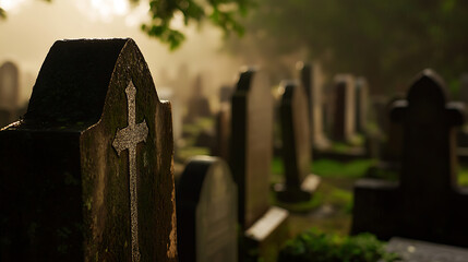 Tranquil graveyard scene featuring weathered tombstones amidst mist, emphasizing peace, remembrance, and the passage of time in a serene, solemn setting.
