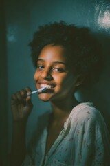 Fototapeta premium Young african girl brushing her teeth.