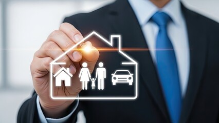 Business professional drawing house outline with family and car icons.