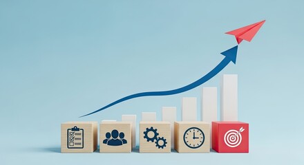 Business growth strategy with paper airplane flying over success bar chart